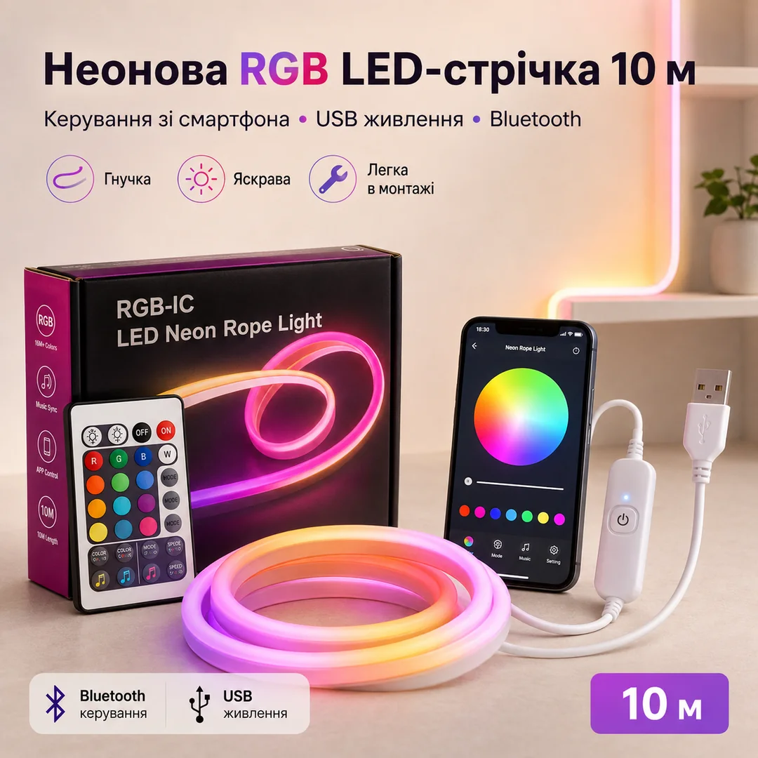 Неонова RGB LED-стрічка 10 м з Bluetooth, пультом і USB-живленням