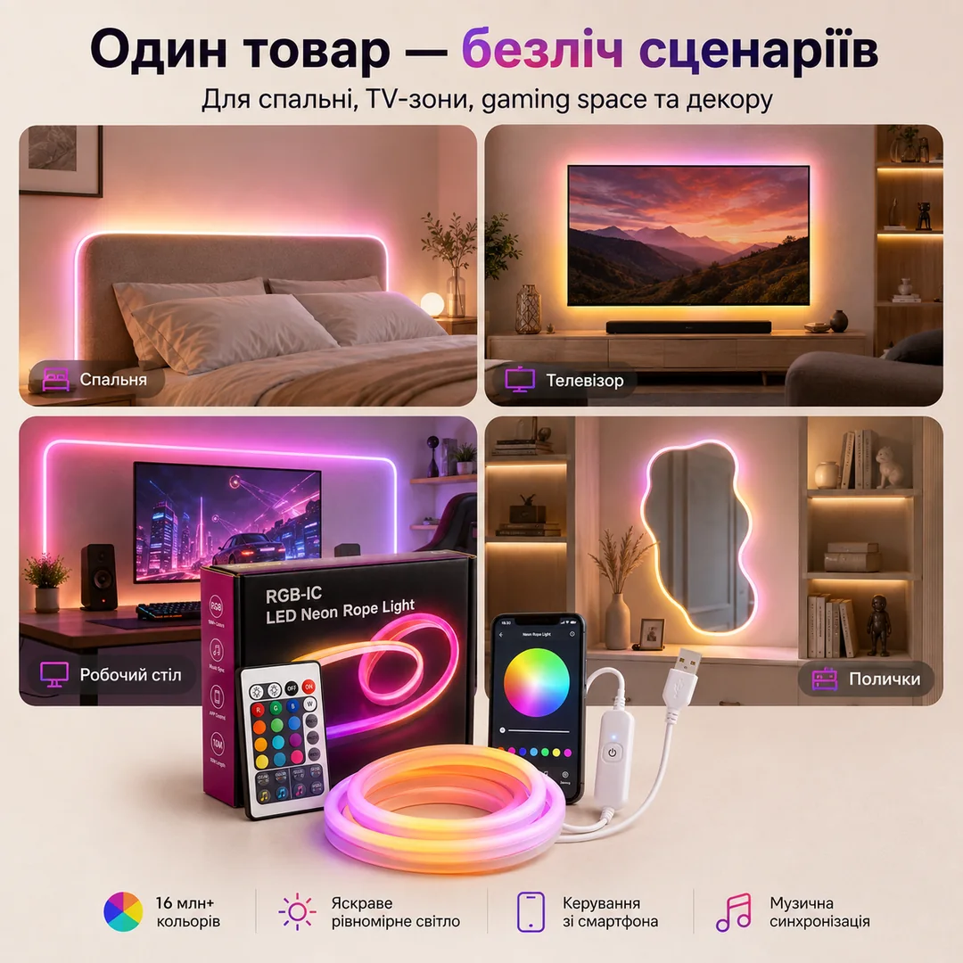 Варіанти використання неонової RGB LED-стрічки у кімнаті