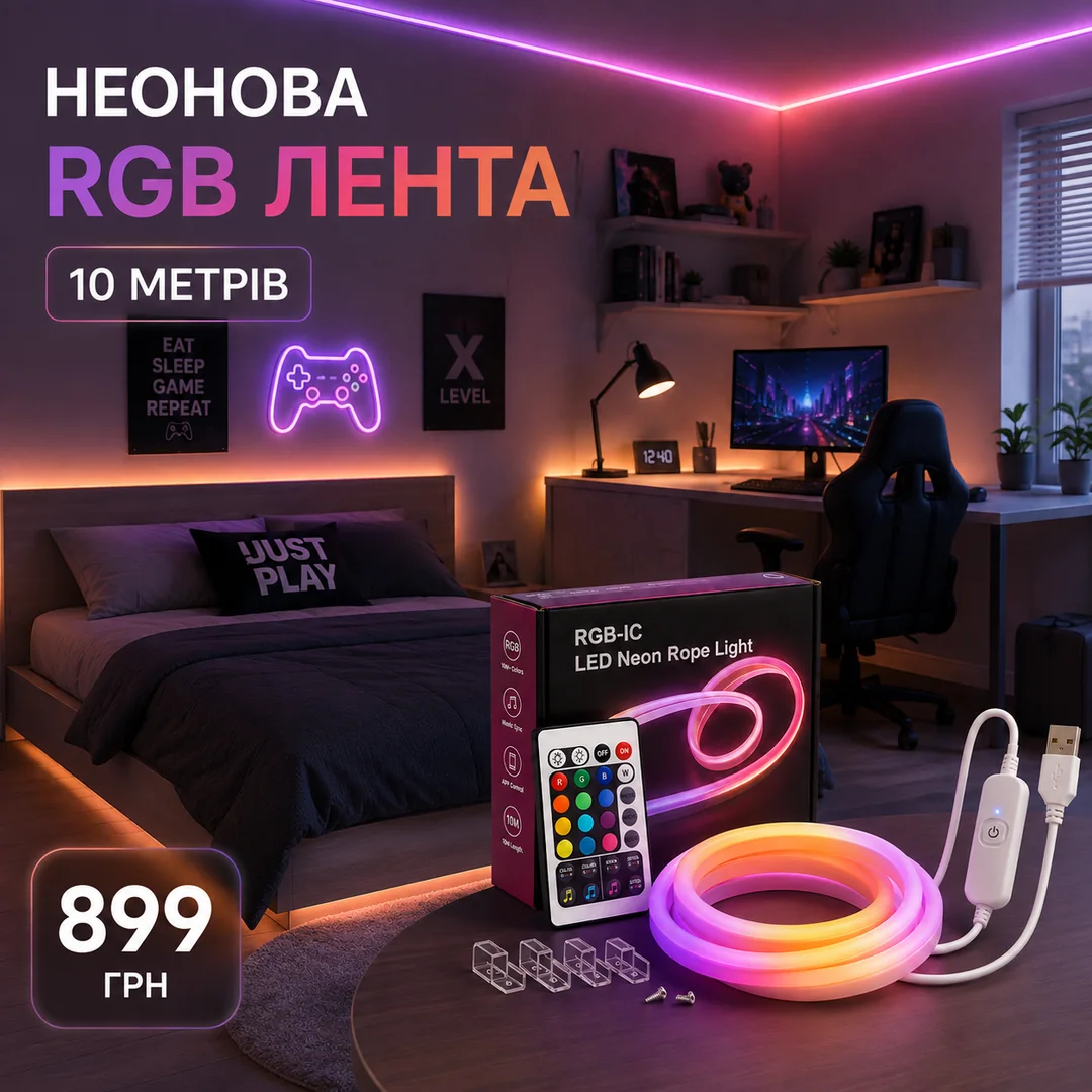 Неонова RGB LED-стрічка 10 м у кімнаті підлітка — ціна 899 грн